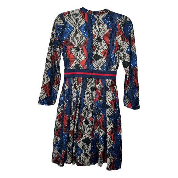 Unbranded Womens Geometric Sheath Dress Small Lace Blue Red Lined Elastic Waist - Picture 2 of 6